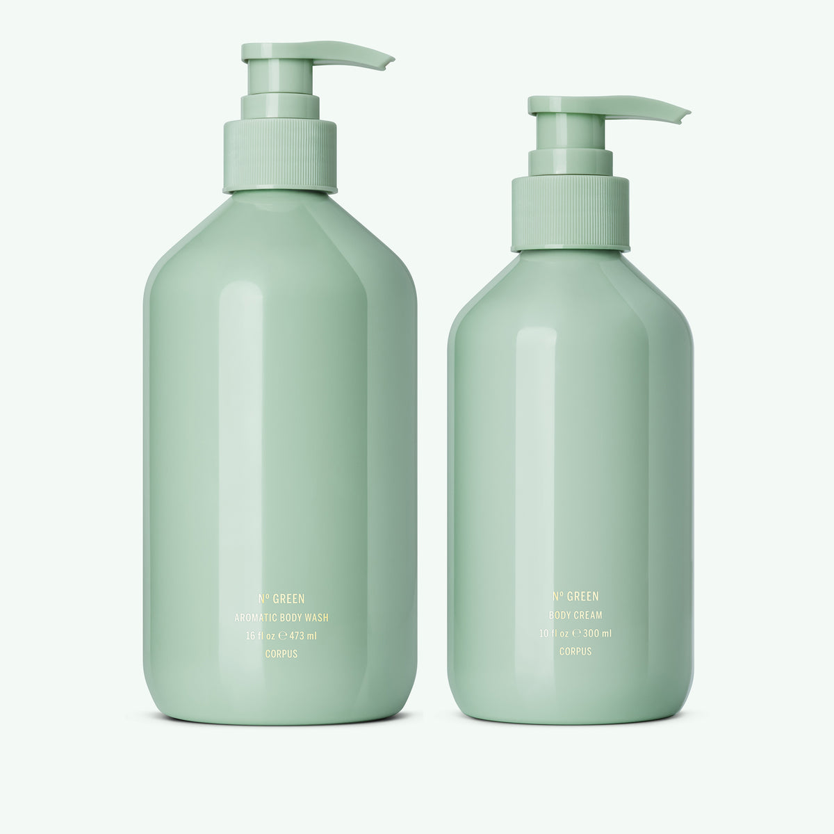 CORPUS Nº Green Aromatic Body Wash (16 fl oz) and Body Cream (10 fl oz) in matching mint green pump bottles