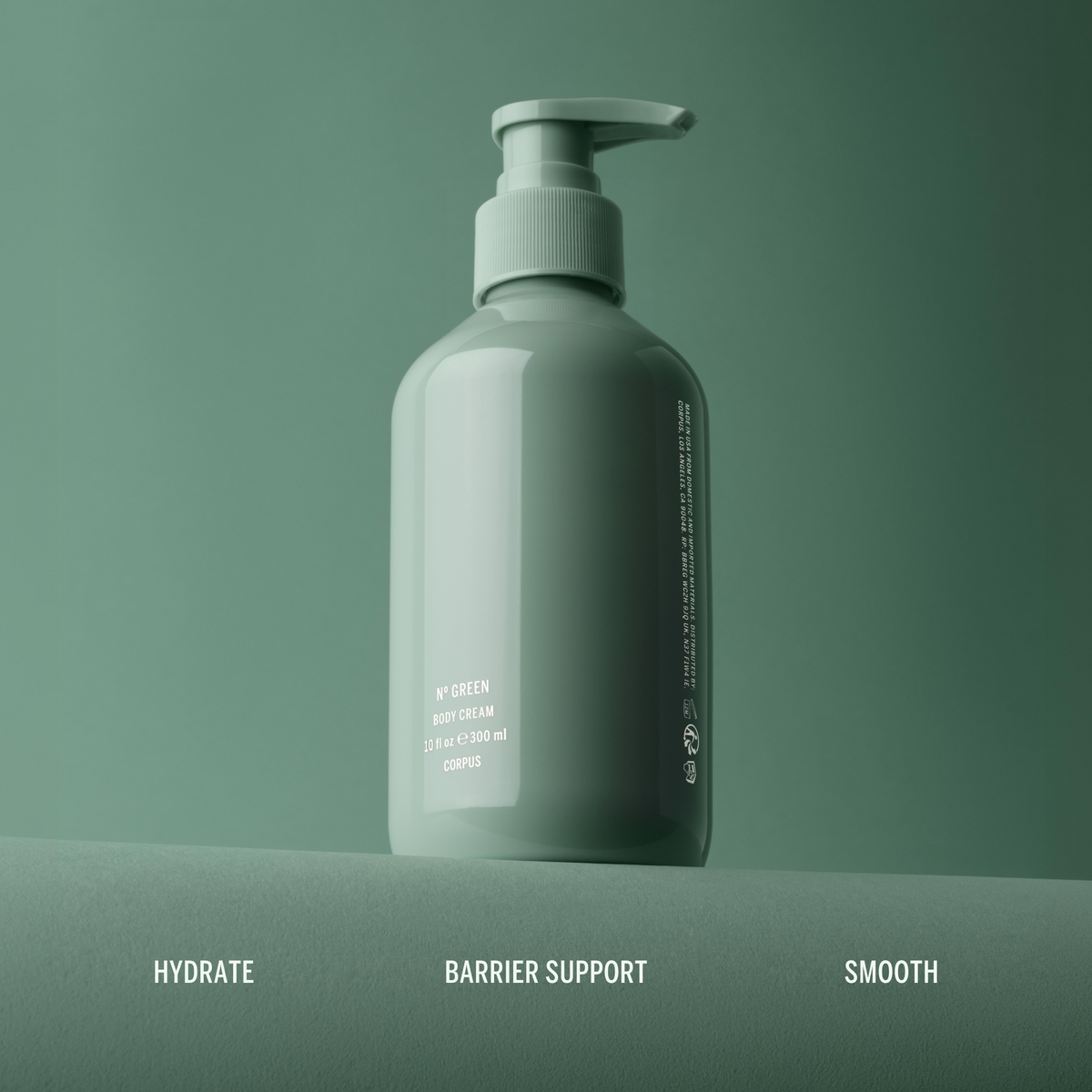 CORPUS Nº Green Body Cream green glossy bottle on a green ledge. Text reads: Hydrate. Barrier support. Smooth.